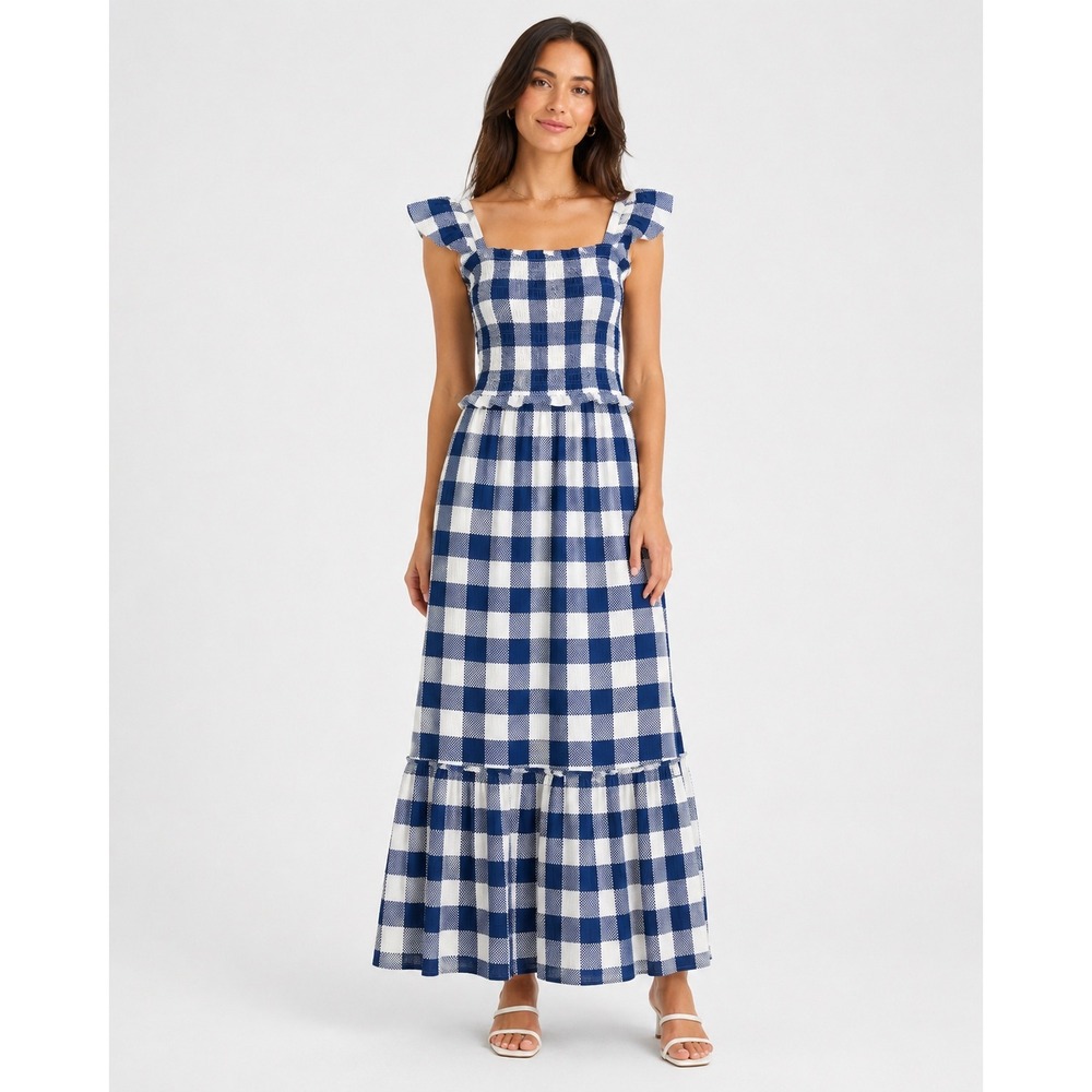 Moon‎ River Navy Ivory Gingham Smocked Ruffle Sleeve Maxi Dress XS Cottagecore